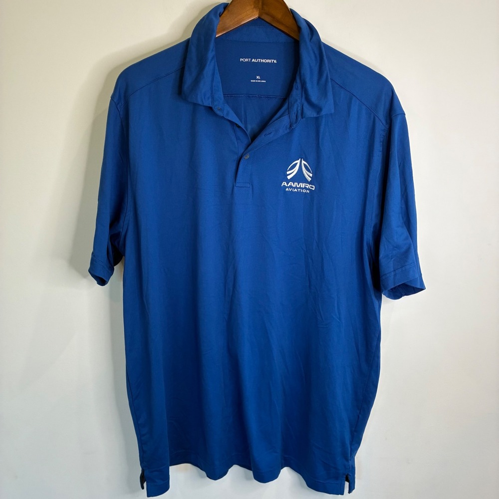 Port Authority Mens XL Blue Polo Shirt Aaviro Aviation Logo Performance Stretch